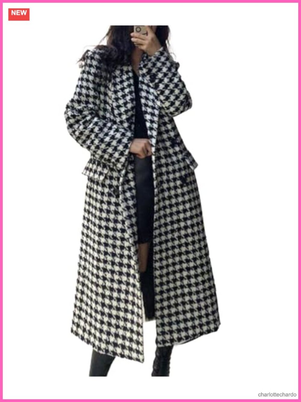 Womens Houndstooth Trench Coat Winter Long Overcoat Pea Coat